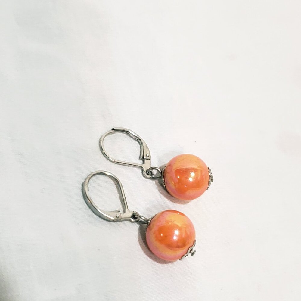 Orange Aurora Borealis Beads Earrings Dangle Silver tone Lever back 1"